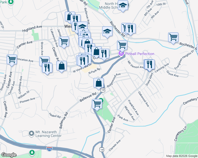 map of restaurants, bars, coffee shops, grocery stores, and more near 201 Perry Highway in West View