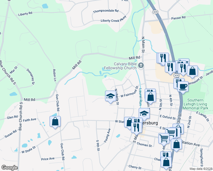 map of restaurants, bars, coffee shops, grocery stores, and more near in Coopersburg