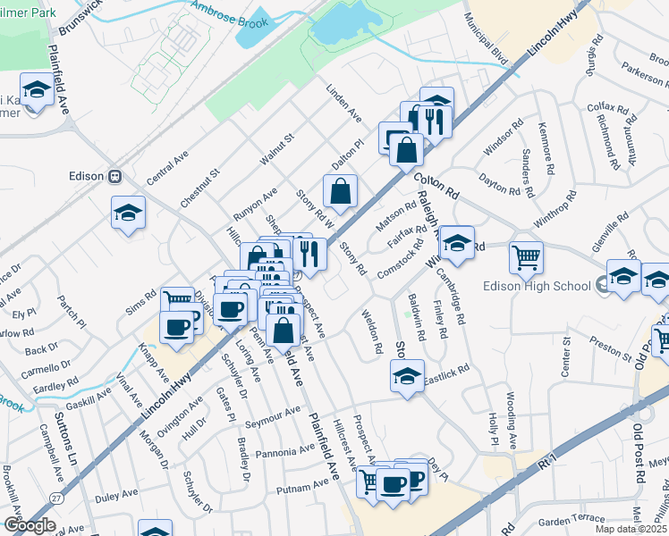 map of restaurants, bars, coffee shops, grocery stores, and more near 106 Woodhaven Drive in Edison
