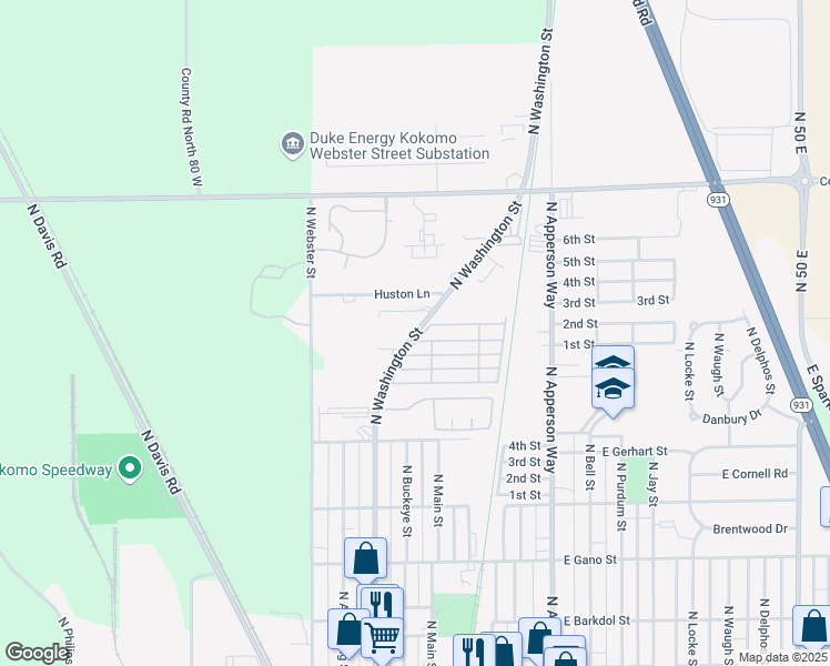 map of restaurants, bars, coffee shops, grocery stores, and more near 2821 North Washington Street in Kokomo