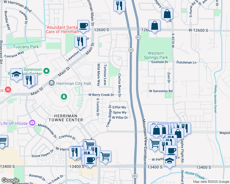 map of restaurants, bars, coffee shops, grocery stores, and more near 12967 Wild Mare Way in Riverton
