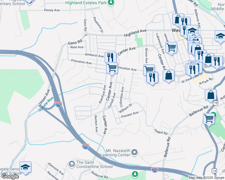 map of restaurants, bars, coffee shops, grocery stores, and more near 1405 Center Avenue in West View