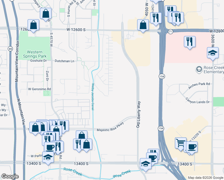 map of restaurants, bars, coffee shops, grocery stores, and more near 4219 West Millsite Park Court in Riverton