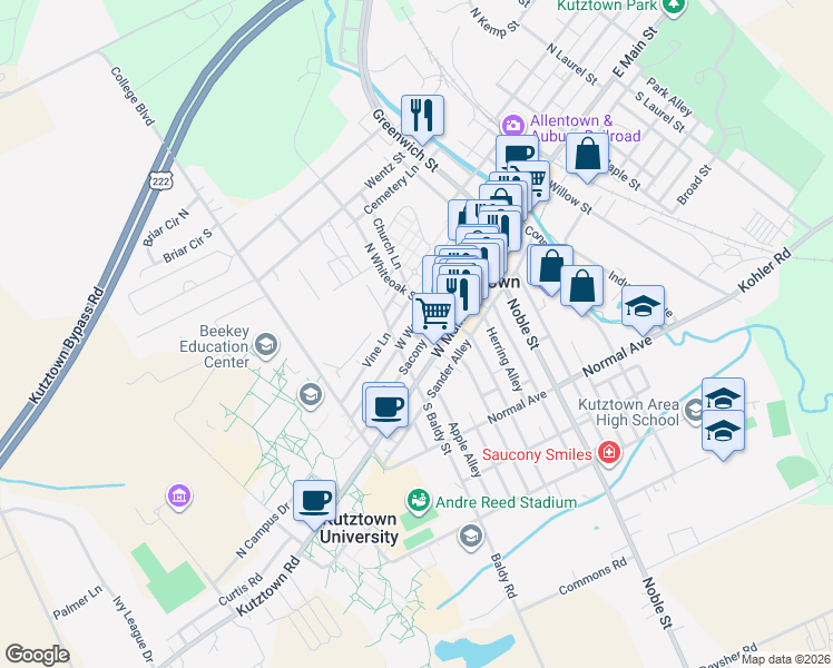 map of restaurants, bars, coffee shops, grocery stores, and more near 307 West Walnut Street in Kutztown