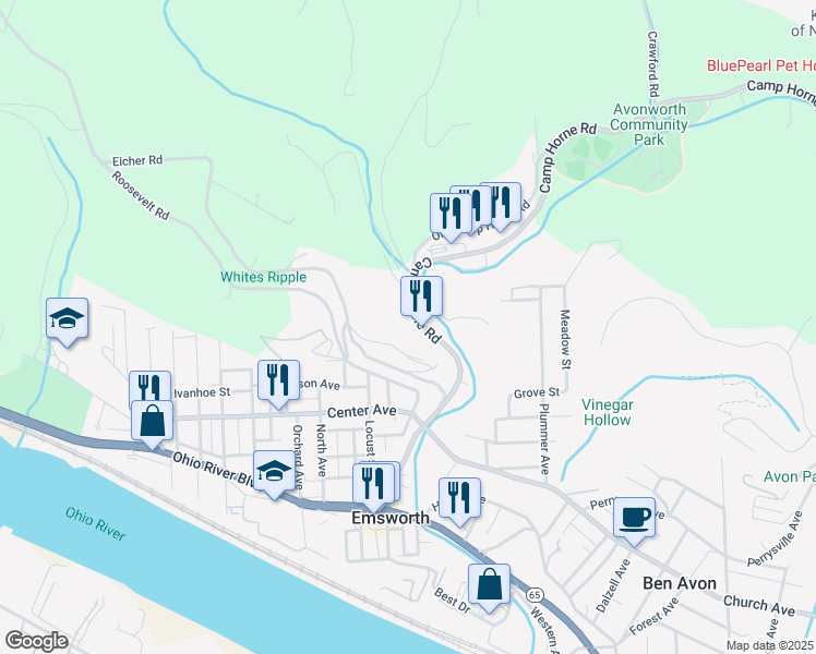map of restaurants, bars, coffee shops, grocery stores, and more near 247 Camp Horne Road in Pittsburgh