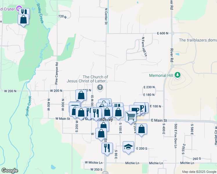 map of restaurants, bars, coffee shops, grocery stores, and more near 180 North Center Street in Midway