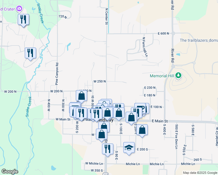 map of restaurants, bars, coffee shops, grocery stores, and more near 180 North Center Street in Midway