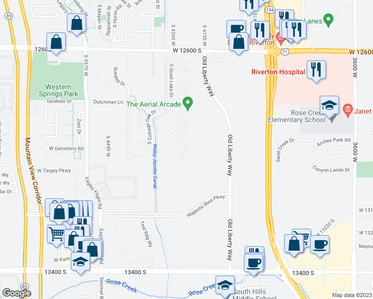 map of restaurants, bars, coffee shops, grocery stores, and more near 4219 West Millsite Park Court in Riverton