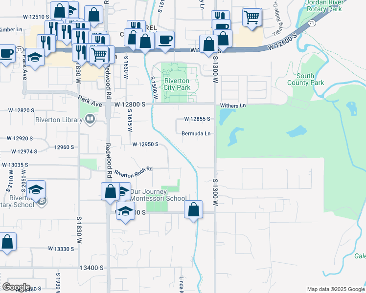 map of restaurants, bars, coffee shops, grocery stores, and more near 12952 Croix Circle in Riverton
