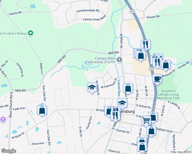 map of restaurants, bars, coffee shops, grocery stores, and more near 512 North Liberty Street in Coopersburg