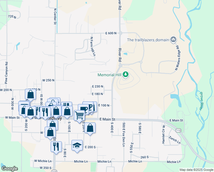 map of restaurants, bars, coffee shops, grocery stores, and more near 228 North 350 East in Midway