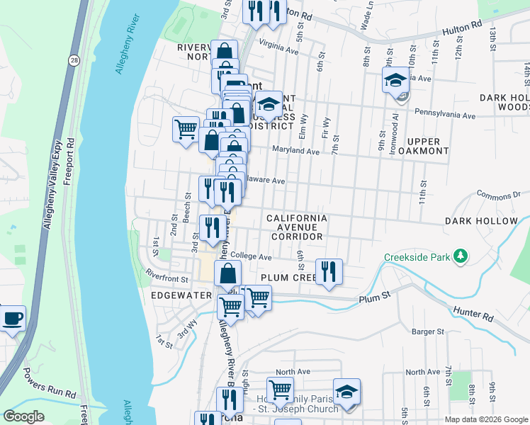 map of restaurants, bars, coffee shops, grocery stores, and more near 400 Washington Avenue in Oakmont
