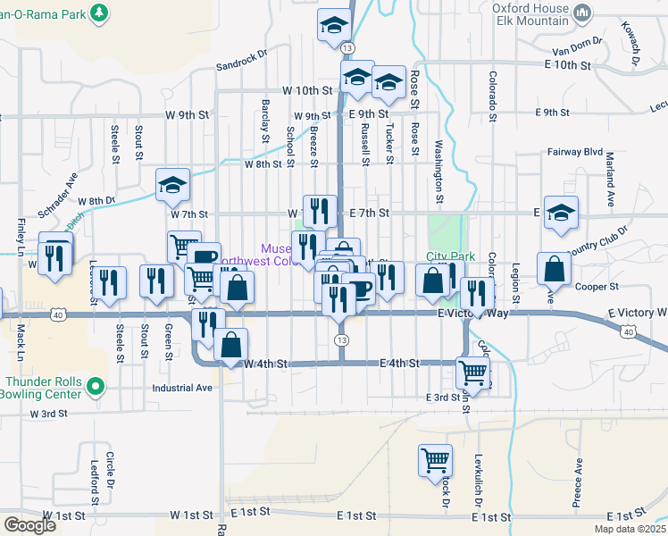 map of restaurants, bars, coffee shops, grocery stores, and more near 590 Yampa Avenue in Craig
