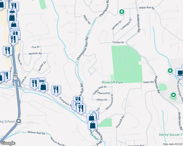 map of restaurants, bars, coffee shops, grocery stores, and more near 221 Woodbridge Court in Pittsburgh
