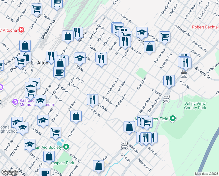 map of restaurants, bars, coffee shops, grocery stores, and more near 429 1st Avenue in Altoona