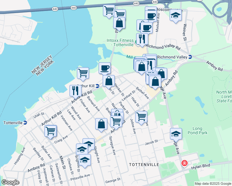 map of restaurants, bars, coffee shops, grocery stores, and more near 110 Hecker Street in Staten Island