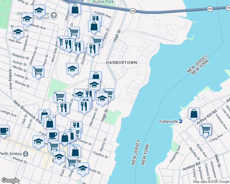 map of restaurants, bars, coffee shops, grocery stores, and more near 547 Hartford Street in Perth Amboy