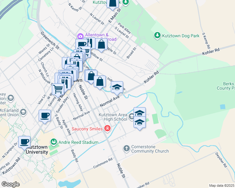 map of restaurants, bars, coffee shops, grocery stores, and more near 2207 Industrial Avenue in Kutztown
