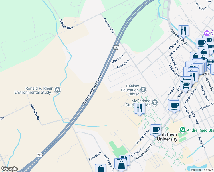 map of restaurants, bars, coffee shops, grocery stores, and more near 687 College Garden Drive in Kutztown