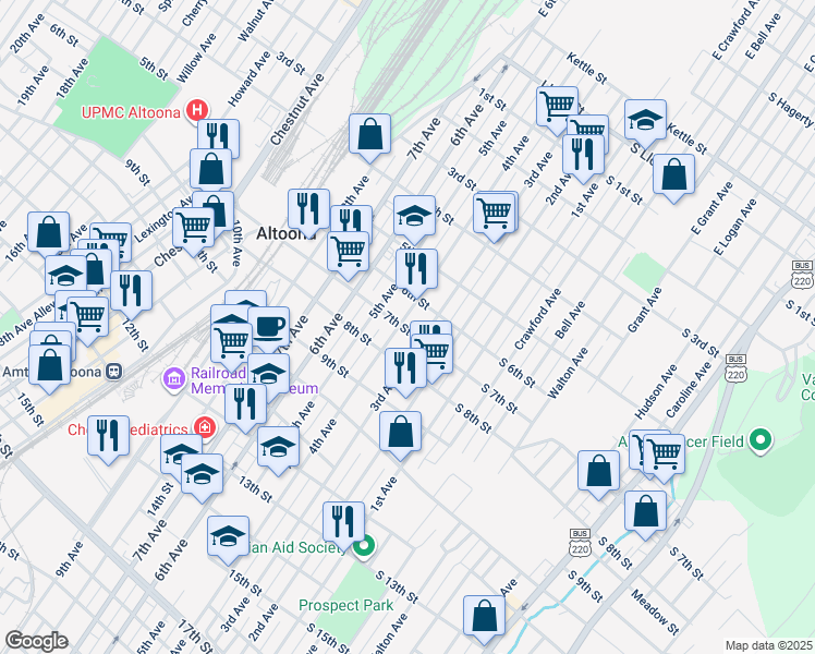 map of restaurants, bars, coffee shops, grocery stores, and more near 608 4th Avenue in Altoona