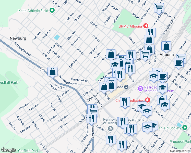 map of restaurants, bars, coffee shops, grocery stores, and more near 1511 14 1/2 St in Altoona