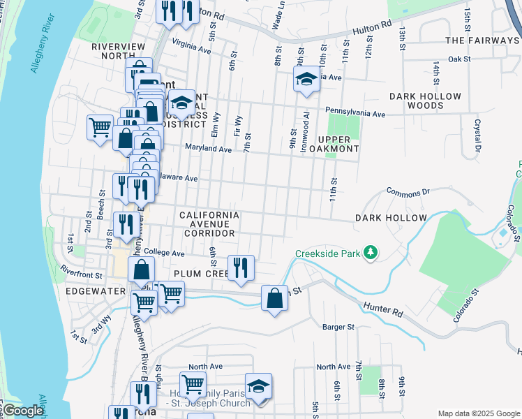 map of restaurants, bars, coffee shops, grocery stores, and more near 425 8th Street in Oakmont