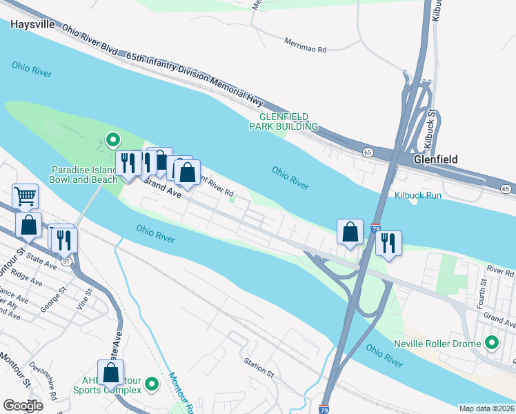 map of restaurants, bars, coffee shops, grocery stores, and more near 7026 Front River Road in Pittsburgh