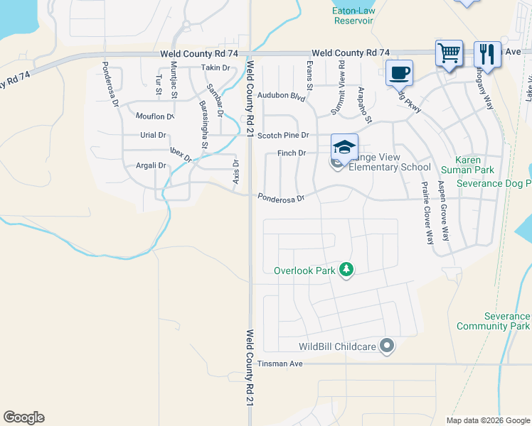 map of restaurants, bars, coffee shops, grocery stores, and more near 272 Castle Drive in Severance
