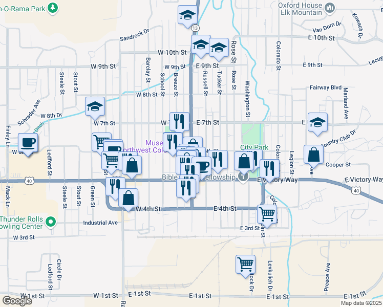 map of restaurants, bars, coffee shops, grocery stores, and more near 590 Yampa Avenue in Craig
