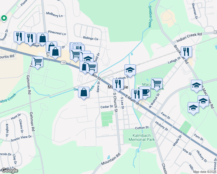 map of restaurants, bars, coffee shops, grocery stores, and more near 24 West Main Street in Macungie