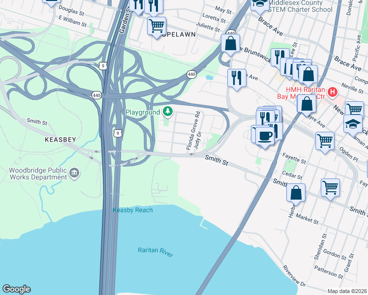map of restaurants, bars, coffee shops, grocery stores, and more near 24 Highland Avenue in Woodbridge Township