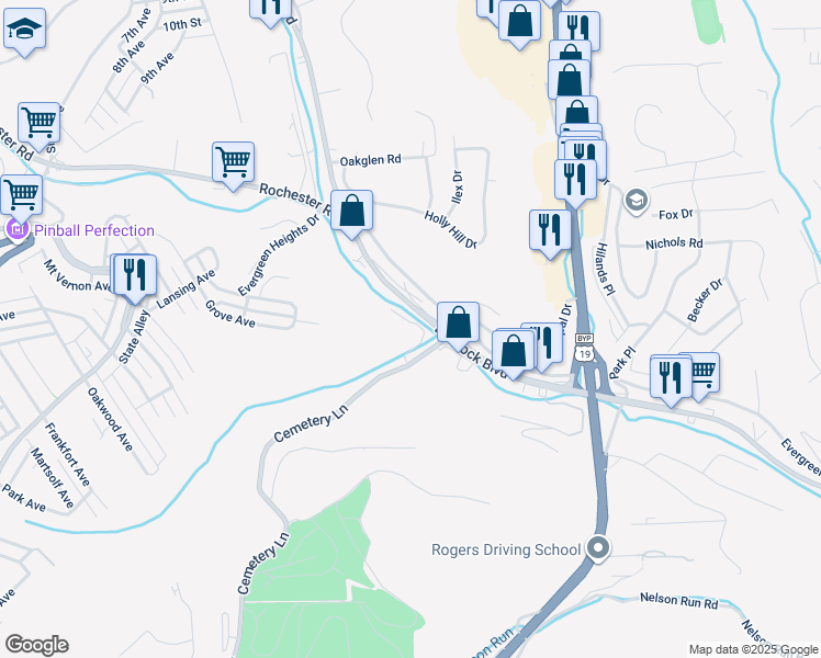 map of restaurants, bars, coffee shops, grocery stores, and more near 1 Windsor Way in Pittsburgh