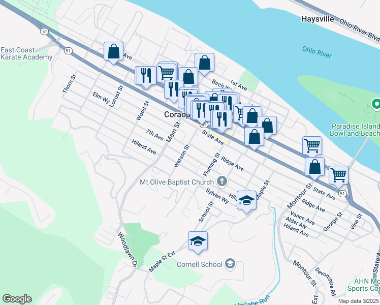map of restaurants, bars, coffee shops, grocery stores, and more near 635 Watson Street in Coraopolis