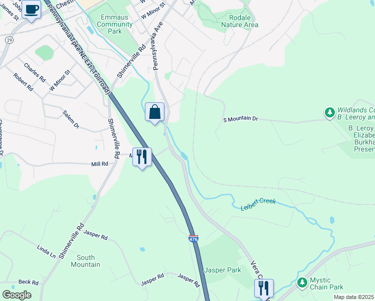 map of restaurants, bars, coffee shops, grocery stores, and more near 4535 Vera Cruz Road in Emmaus