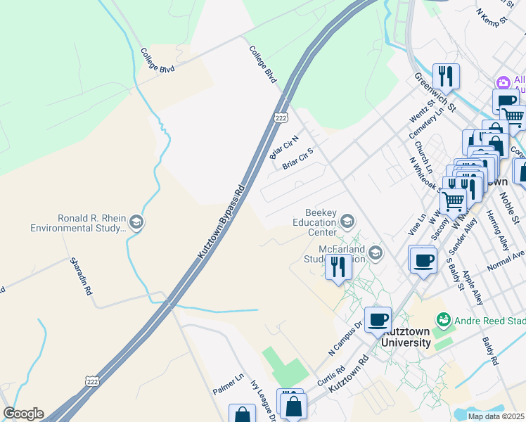 map of restaurants, bars, coffee shops, grocery stores, and more near 687 College Garden Drive in Kutztown