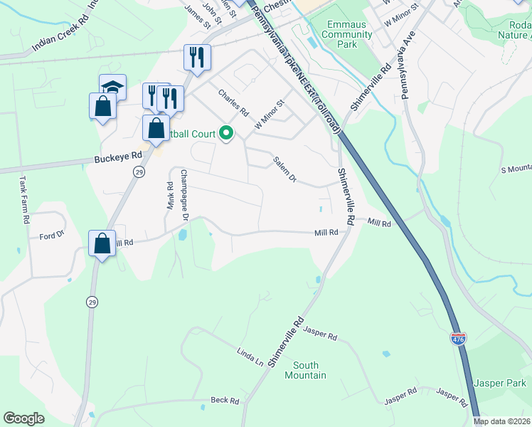 map of restaurants, bars, coffee shops, grocery stores, and more near 3876 Mink Road in Emmaus
