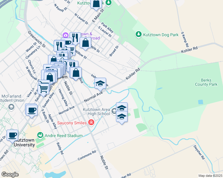map of restaurants, bars, coffee shops, grocery stores, and more near 46 East Normal Avenue in Kutztown