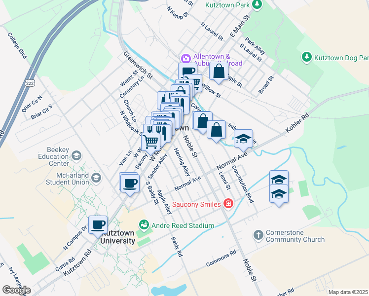 map of restaurants, bars, coffee shops, grocery stores, and more near 236 Sander Alley in Kutztown