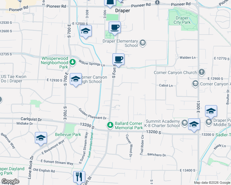 map of restaurants, bars, coffee shops, grocery stores, and more near 12930 South Fort Street in Draper