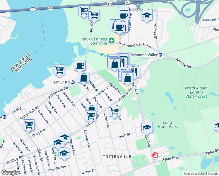 map of restaurants, bars, coffee shops, grocery stores, and more near 270 Bethel Avenue in Staten Island