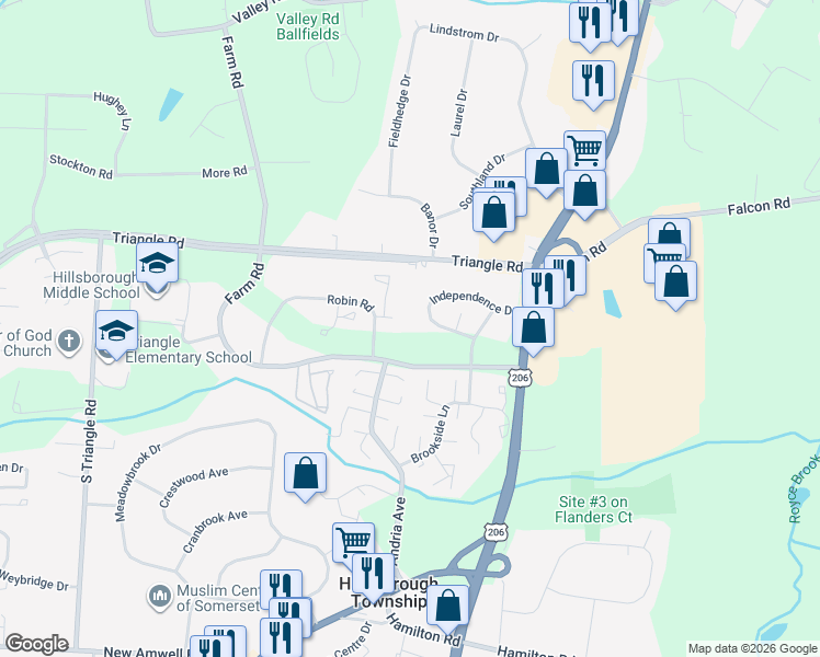 map of restaurants, bars, coffee shops, grocery stores, and more near 802 Robin Road in Somerset County