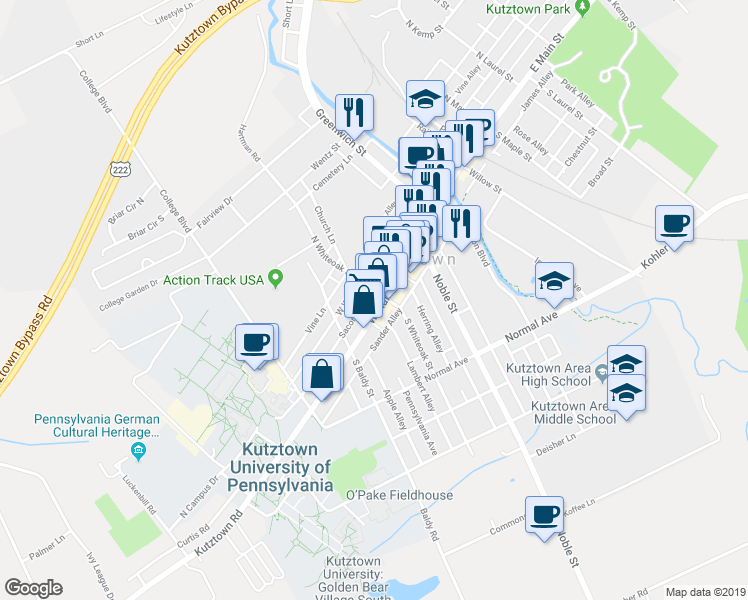 map of restaurants, bars, coffee shops, grocery stores, and more near 269 West Main Street in Kutztown