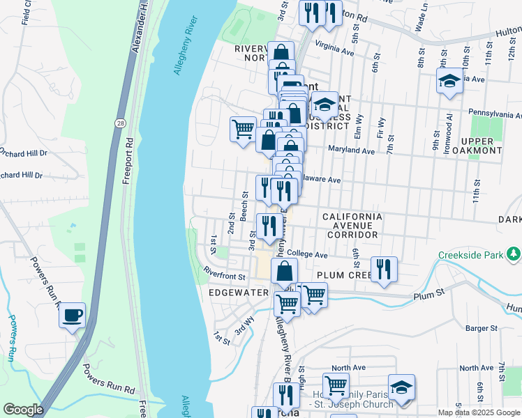map of restaurants, bars, coffee shops, grocery stores, and more near 225 Washington Avenue in Oakmont