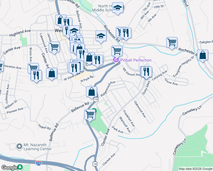 map of restaurants, bars, coffee shops, grocery stores, and more near 340 Ridgewood Avenue in West View