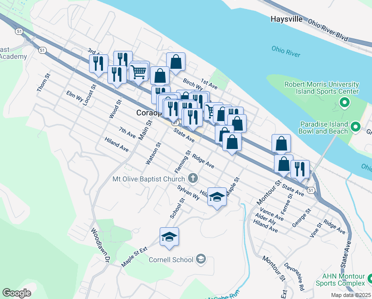 map of restaurants, bars, coffee shops, grocery stores, and more near 1034 State Avenue in Coraopolis