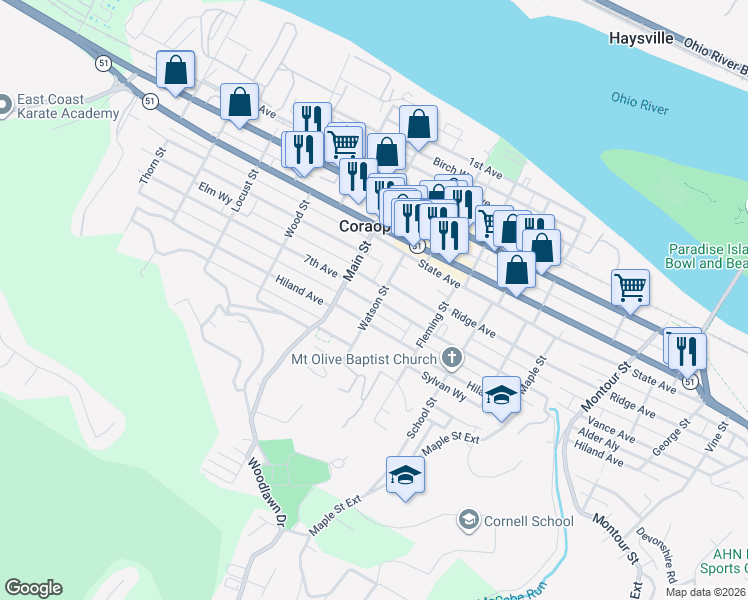 map of restaurants, bars, coffee shops, grocery stores, and more near 908 Ridge Avenue in Coraopolis