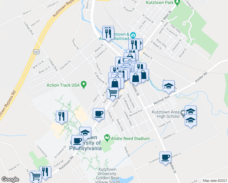 map of restaurants, bars, coffee shops, grocery stores, and more near 305 West Main Street in Kutztown