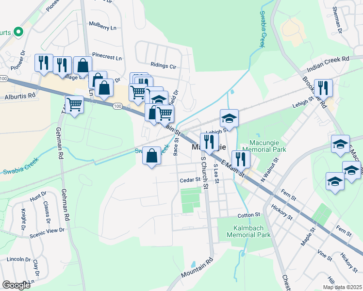 map of restaurants, bars, coffee shops, grocery stores, and more near 52 West Main Street in Macungie