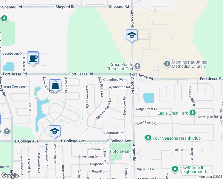 map of restaurants, bars, coffee shops, grocery stores, and more near 2810 Huntington Road in Bloomington