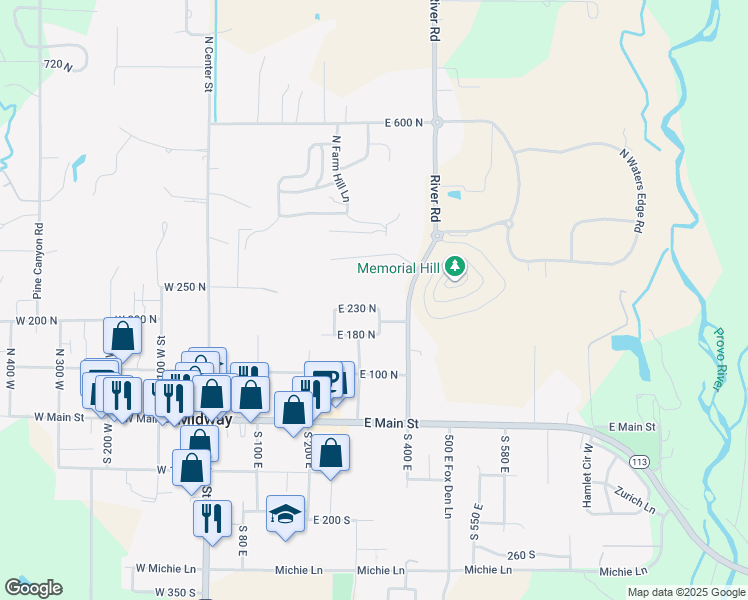 map of restaurants, bars, coffee shops, grocery stores, and more near 241 River Road in Midway